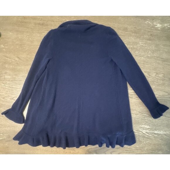 Lily Pulitzer 100% Cashmere Open Cardigan Navy Shawl collar ruffle Hem Eyelit - Picture 4 of 14